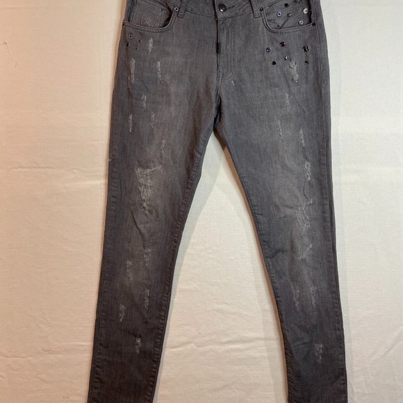 RNT23 SLIM FIT PIERCING JEWEL DEEP DISTRESSED GRAY JEAN SIZE32